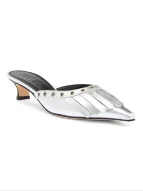 AEYDE Tania Kiltie Fringe Mule Kitten Heels EU 36 5 5.5 Silver Leather NEW $395